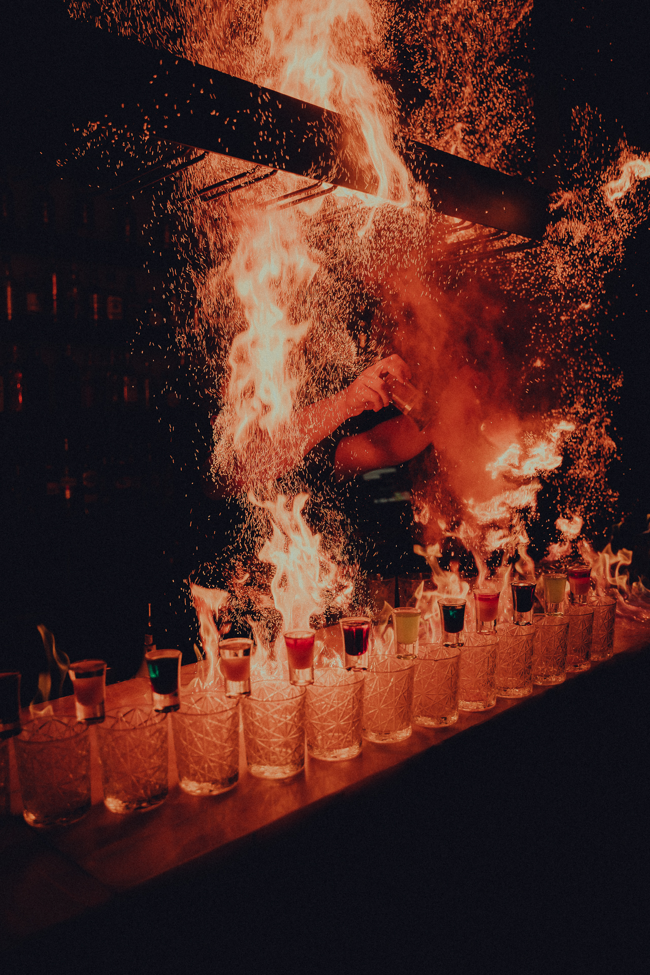 Fire performance with colourful shots